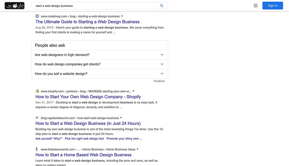 Resultados de búsqueda de Google para iniciar un negocio de diseño web