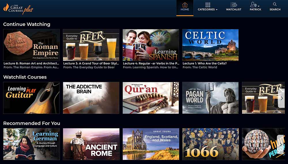 Biblioteca de contenido de cursos de The Great Courses Plus