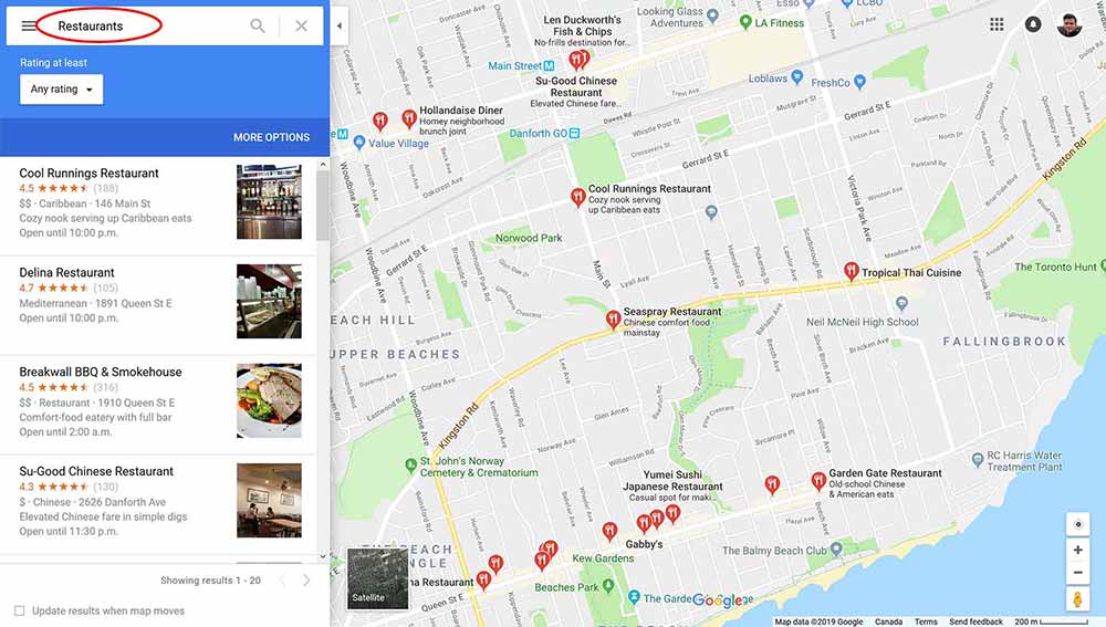 Buscando restaurantes en Google Maps