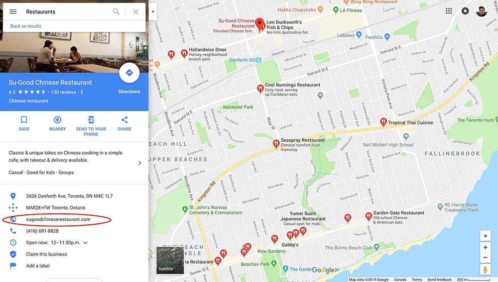 Enlace del sitio web en el perfil del restaurante en Google Maps