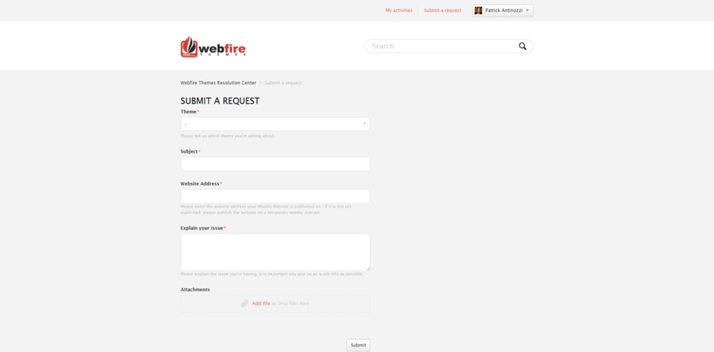 Webfire Themes support ticket submission system