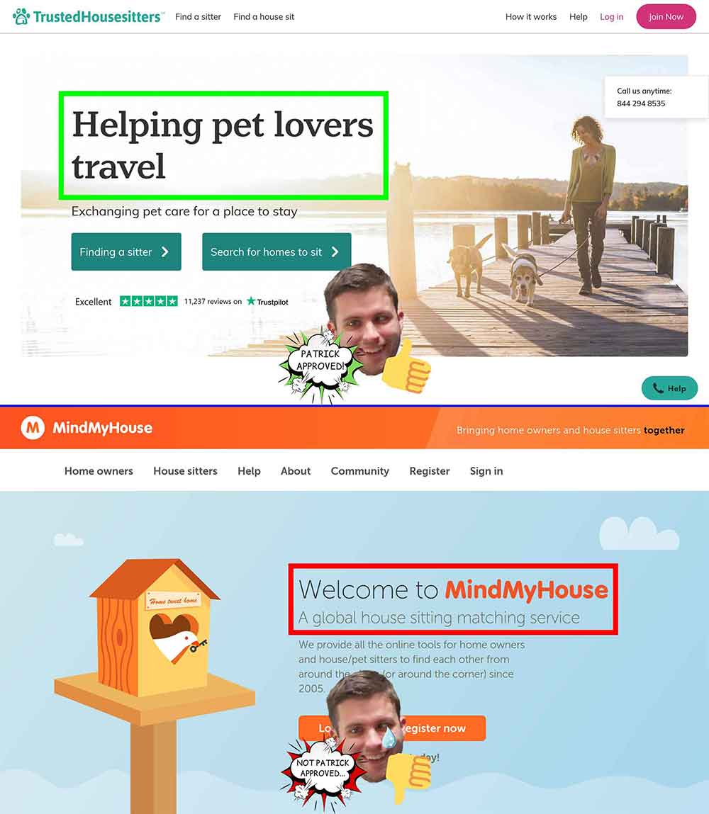 Comparación de un buen titular y un mal titular de sitio web