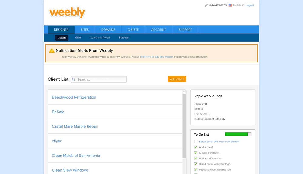 Panel de control de la Plataforma para Diseñadores de Weebly de 2013