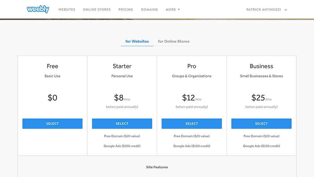 Planes de precios de Weebly comparados en cinco niveles