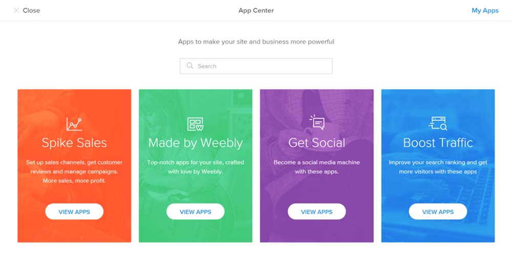 Centro de aplicaciones de Weebly con widgets e integraciones