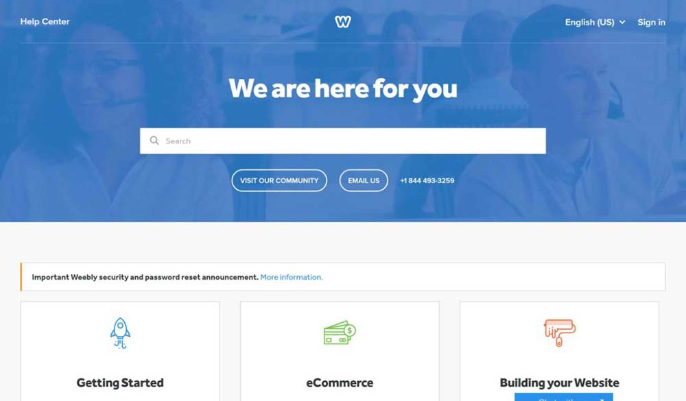 Página de inicio de la documentación del Centro de Ayuda de Weebly