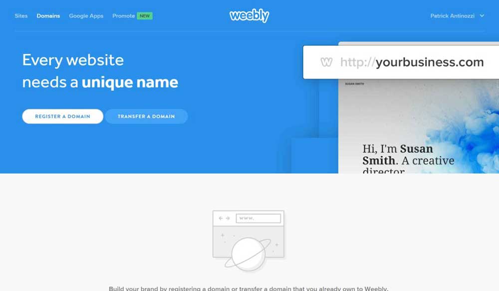 Pantalla de búsqueda de dominios y configuración de alojamiento de Weebly