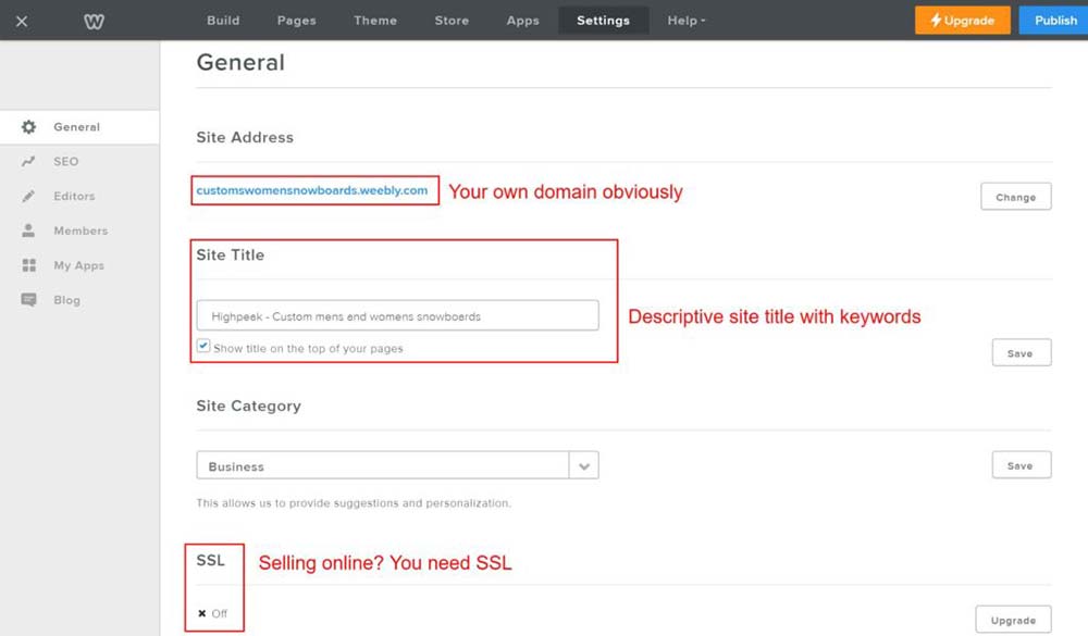 Página de configuraciones generales de Weebly para SEO