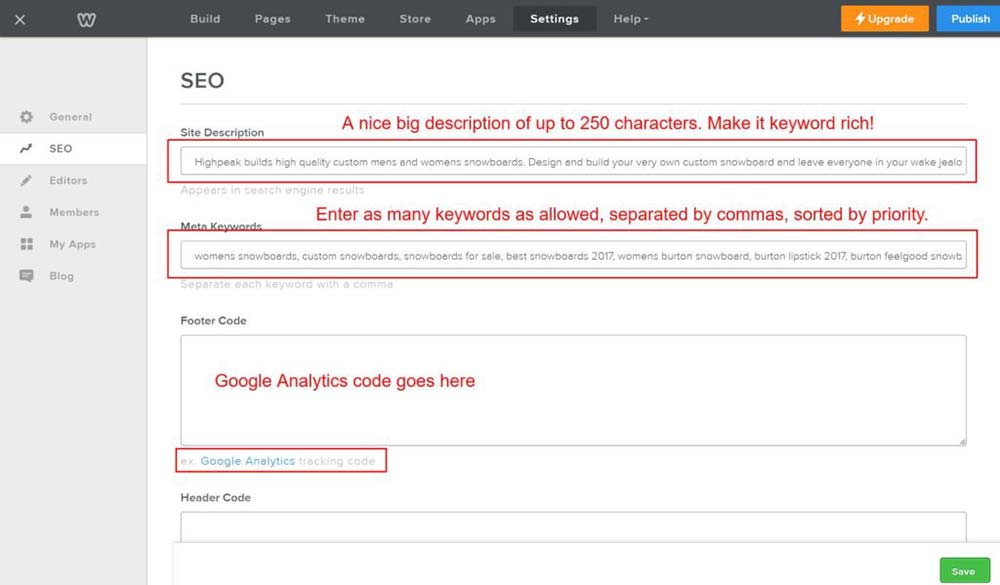 Panel de configuraciones de SEO de Weebly con descripción del sitio y palabras clave