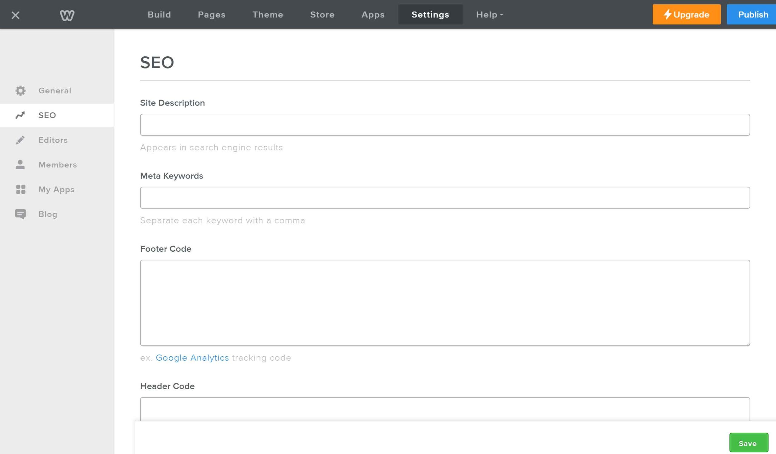 Configuraciones de SEO de sitio web de Weebly con metaetiquetas y descripciones