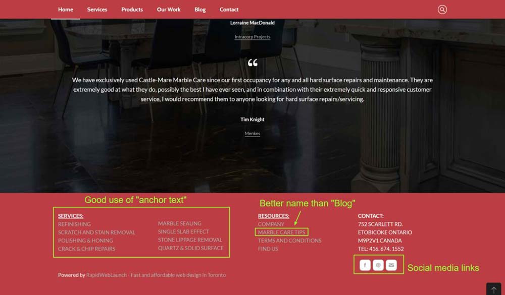 Pie de página del sitio web con enlaces internos para SEO