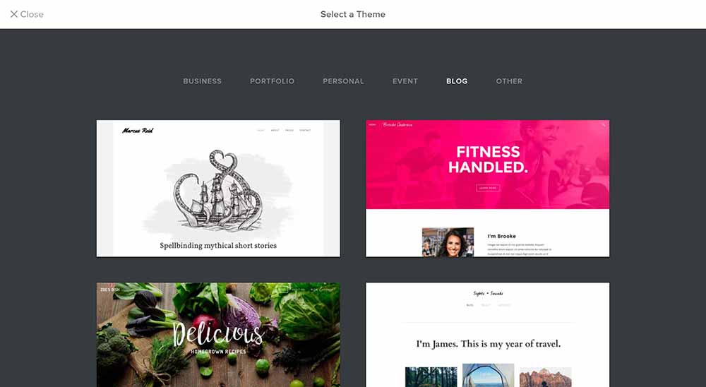 Navegando temas de blog de Weebly en la galería de temas