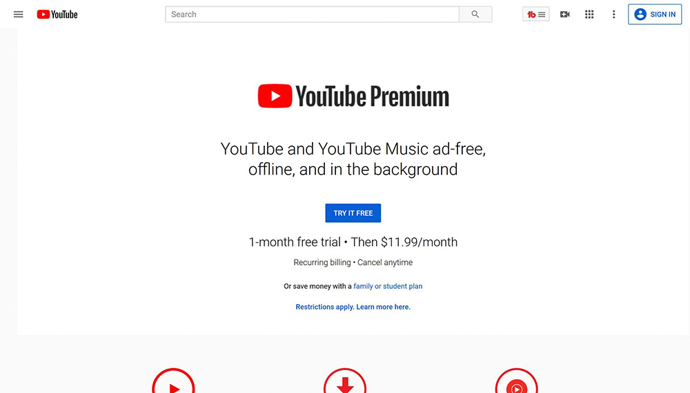 Página de inicio del servicio de streaming YouTube Premium