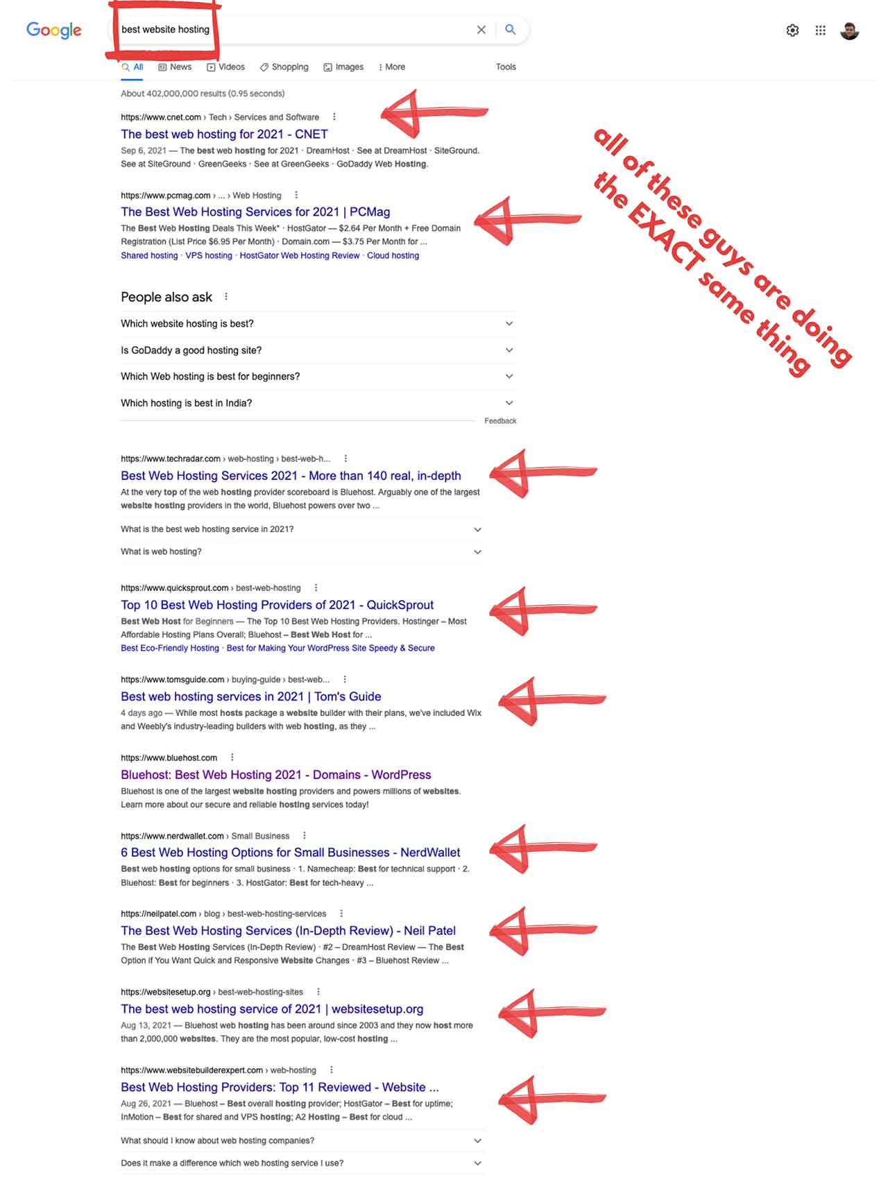 Resultados de búsqueda de Google para consultas de mejor alojamiento de sitios web