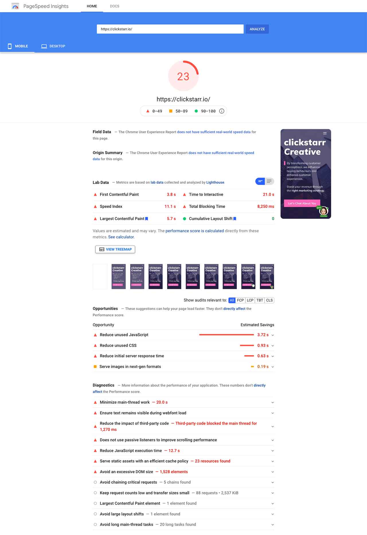 ejemplo de resultados de rendimiento del sitio web en pagespeed insights