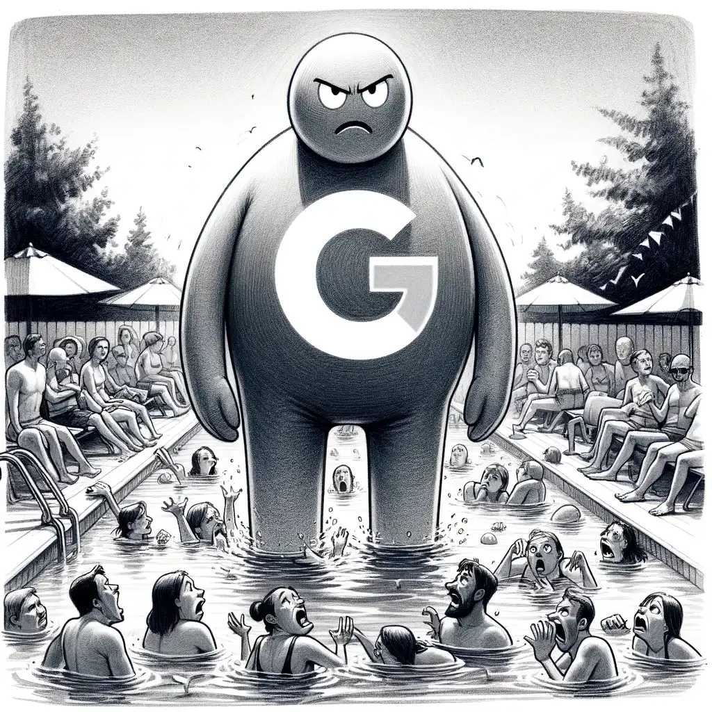 Una personificación gigante de Google está echando a todos de la piscina, justo cuando se estaban divirtiendo.