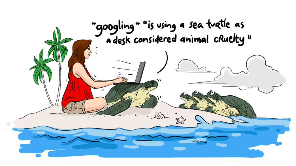 A woman using a sea turtle as a desk to do her web design work.