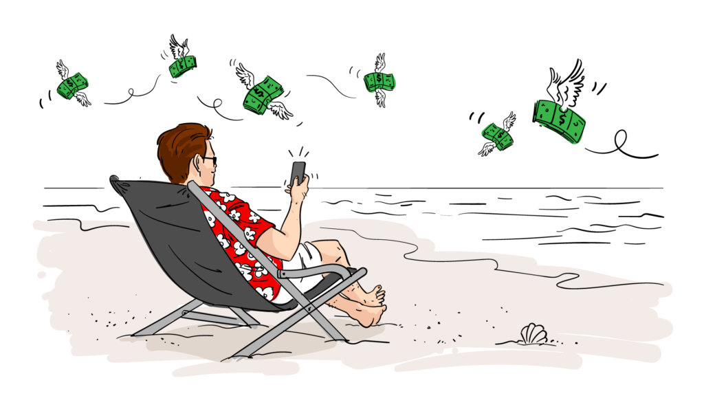 A man sitting on the beach while money passively floats into his phone.