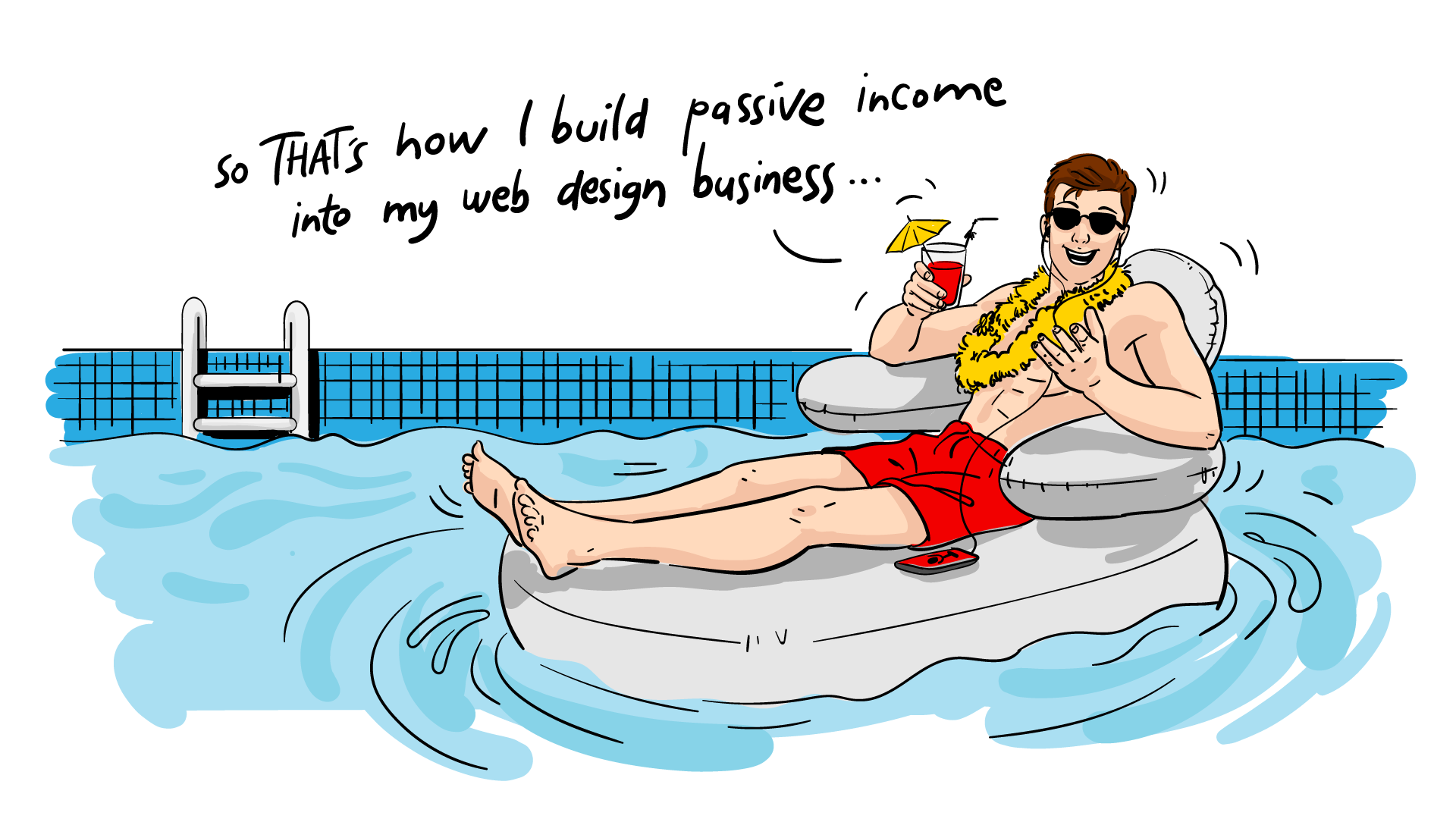 A man lounging in a pool listening to web design podcasts.