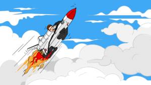 Patrick, owner of RapidWebLaunch, taking off in a rocket.