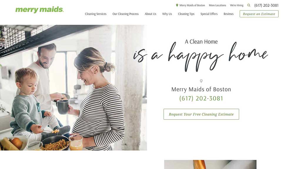 A screenshot of the Merry Maids cleaning website.