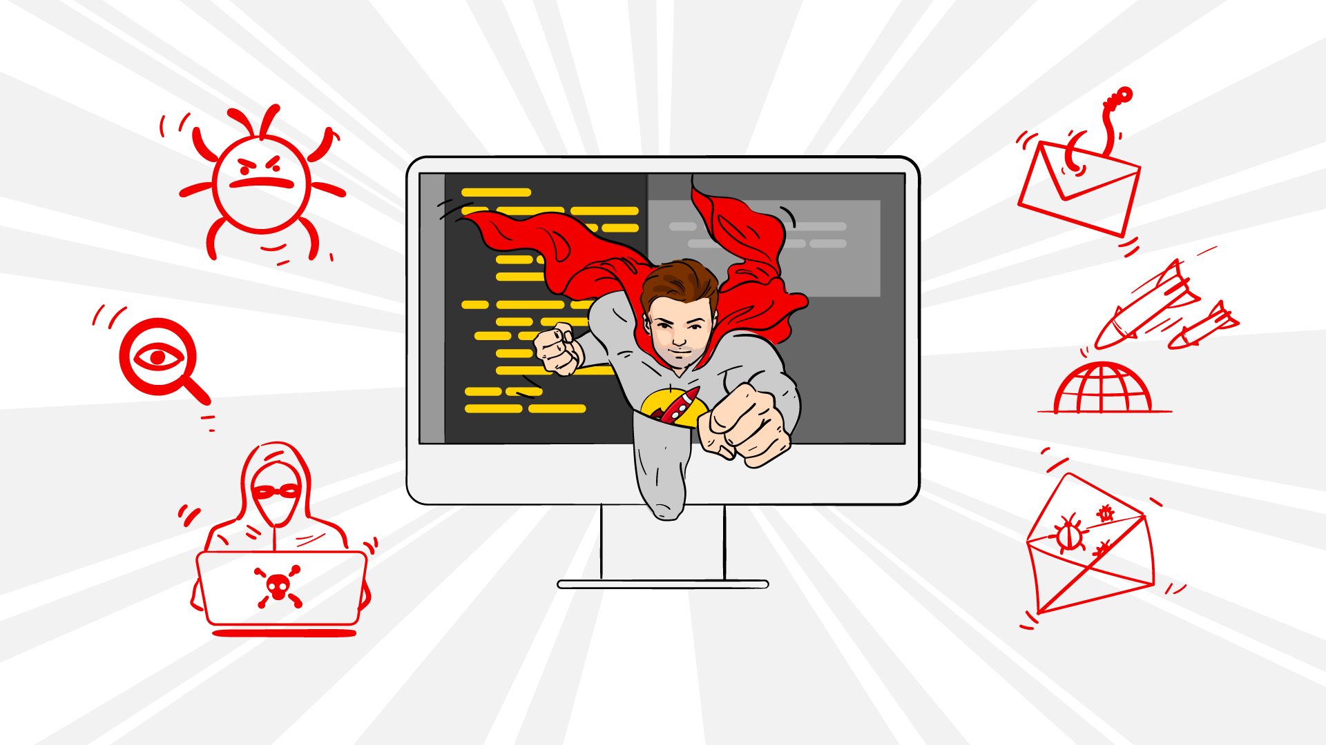 illustration of a web designer protecting a website from security attacks