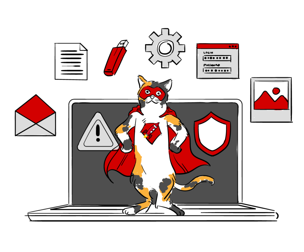 a superhero cat protecting a website from malware