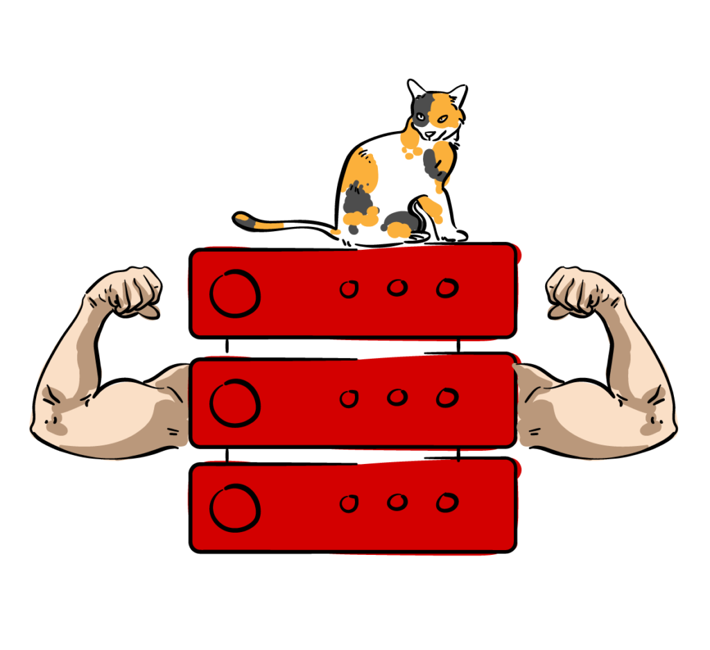 a superpowered website hosting server with a cat on top