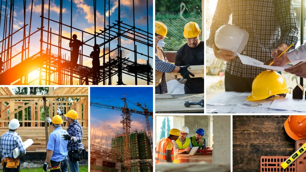 A collage of construction workers working on sites.