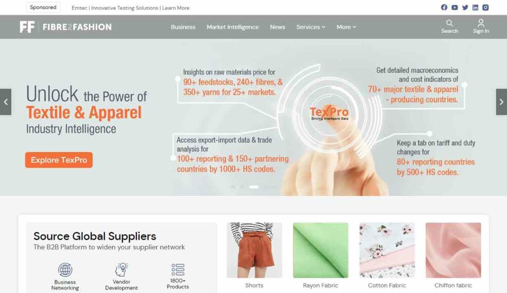 A screenshot of Fibre Fashion B2B website.