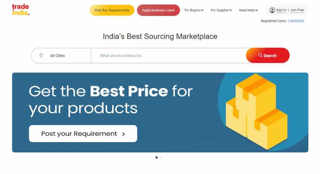 A screenshot of Trade India B2B website.