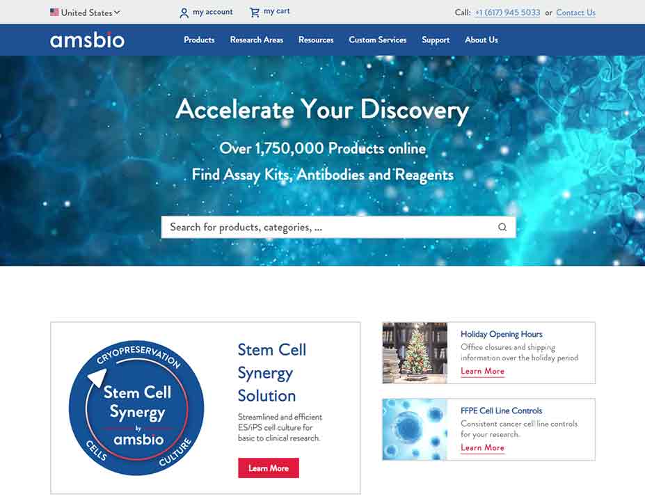 A screenshot of Amsbio biotech website.