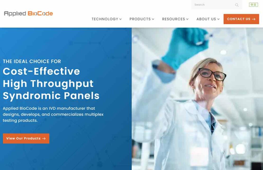 A screenshot of Applied Biocode biotech website.