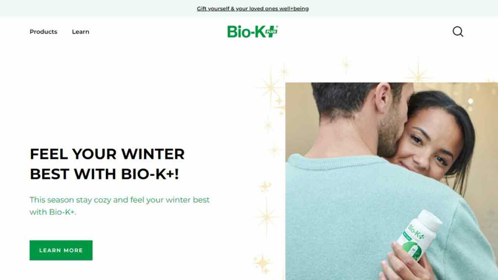 A screenshot of Bio-K Plus biotech website.