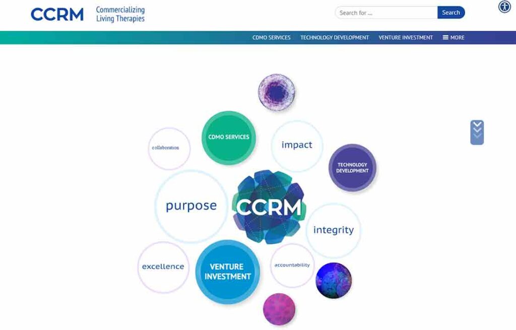 A screenshot of CCRM biotech website.