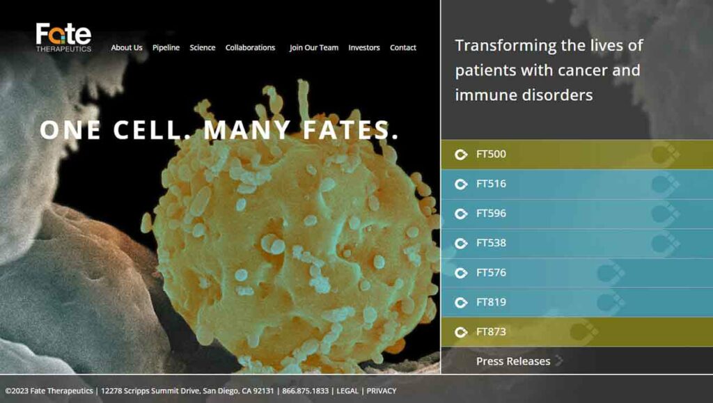 A screenshot of Fate Therapeutics biotech website.