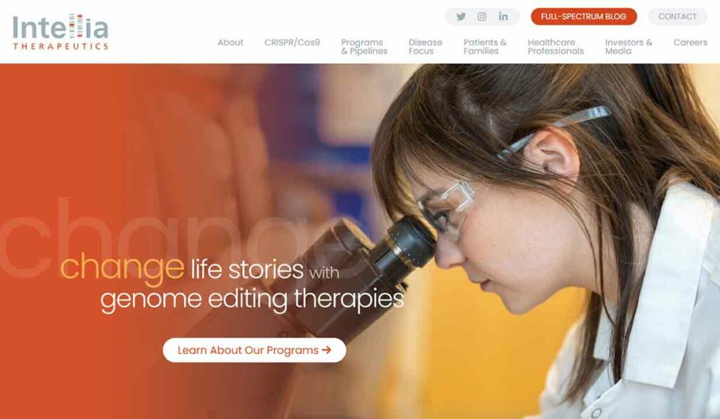 A screenshot of Intellia biotech website.