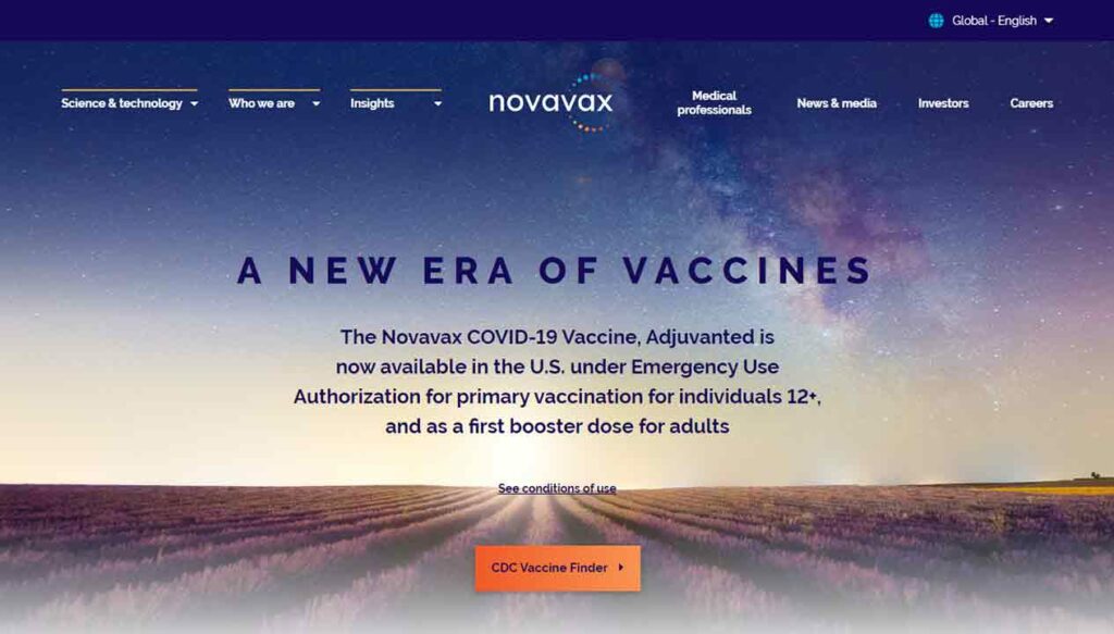 A screenshot of Novavax biotech website.