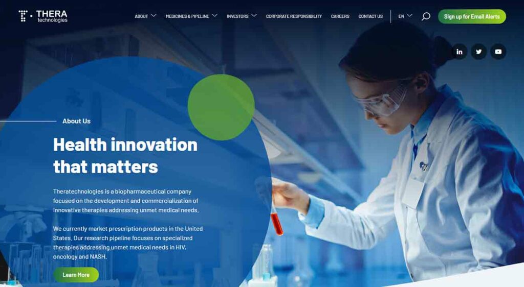 A screenshot of Thera Technologies biotech website.