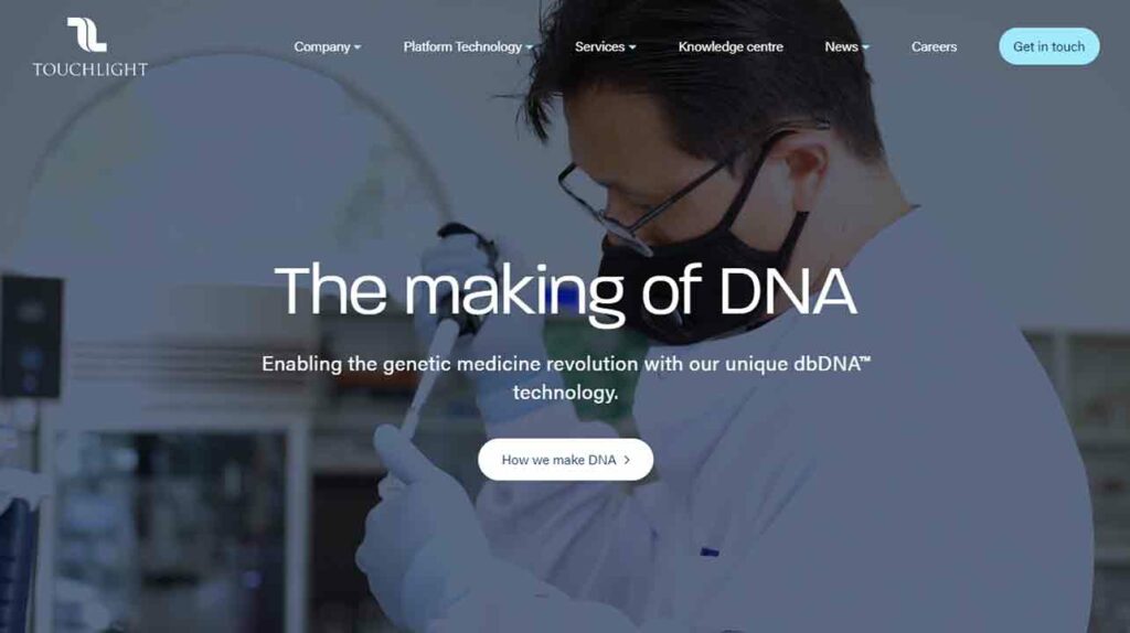 A screenshot of Touchlight biotech website.