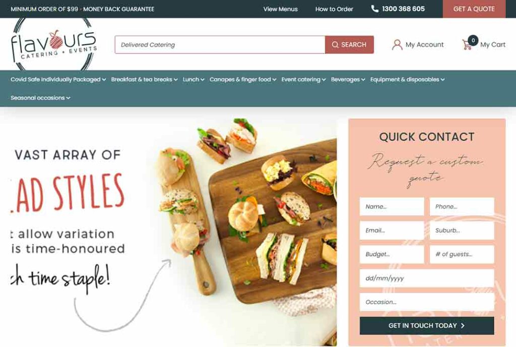 Screenshot of Flavours catering website.