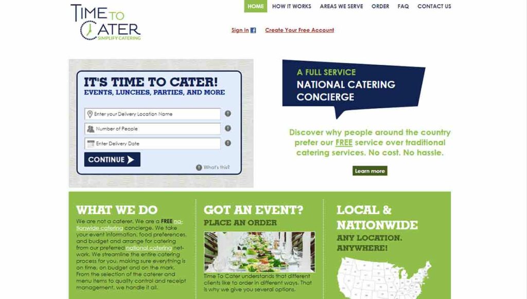 Screenshot of Time to Cater catering website.