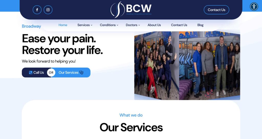 A screenshot of the Broadway chiropractor website.
