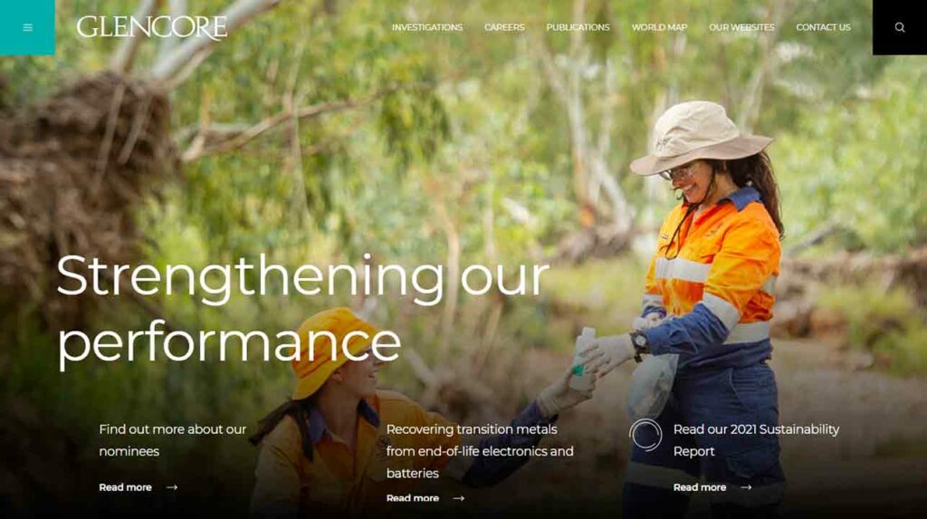 A screenshot of Glencore construction website.