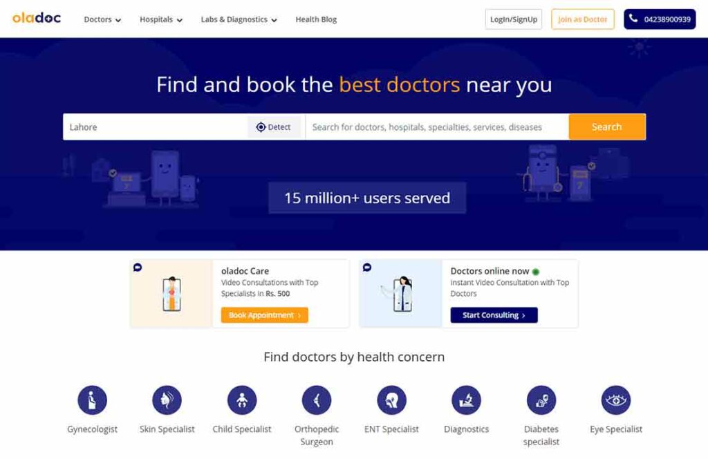 A screenshot of the Ola Doc doctor website.
