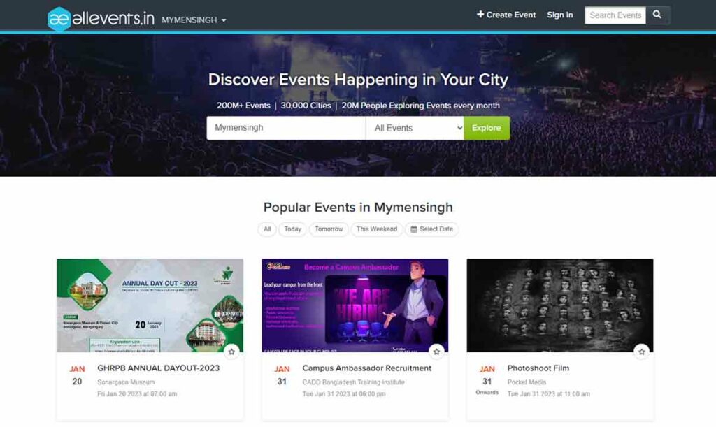 A screenshot of the All Events events website.