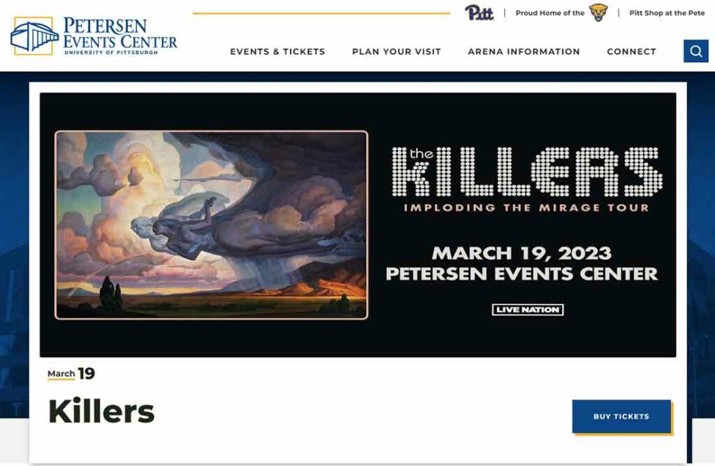 A screenshot of the Petersen Events Center events website.