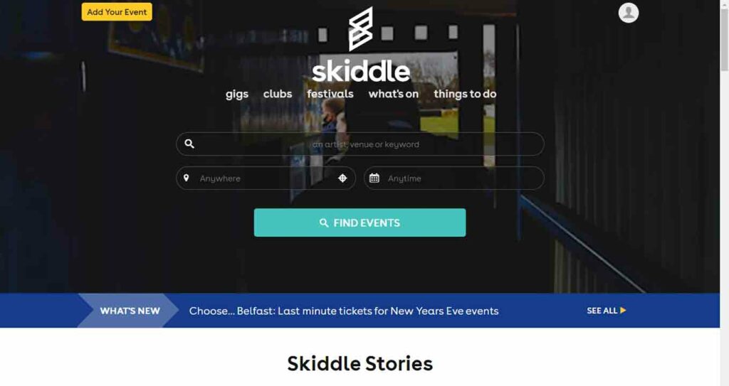 A screenshot of the Skiddle events website.