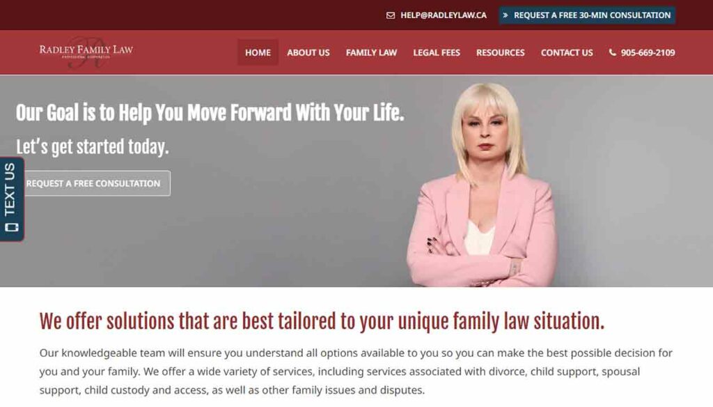 A screenshot of the Radley Family Law family law website.
