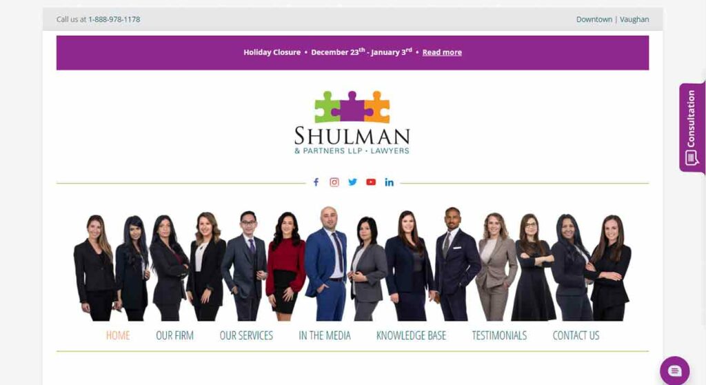 A screenshot of the Shulman Partners family law website.